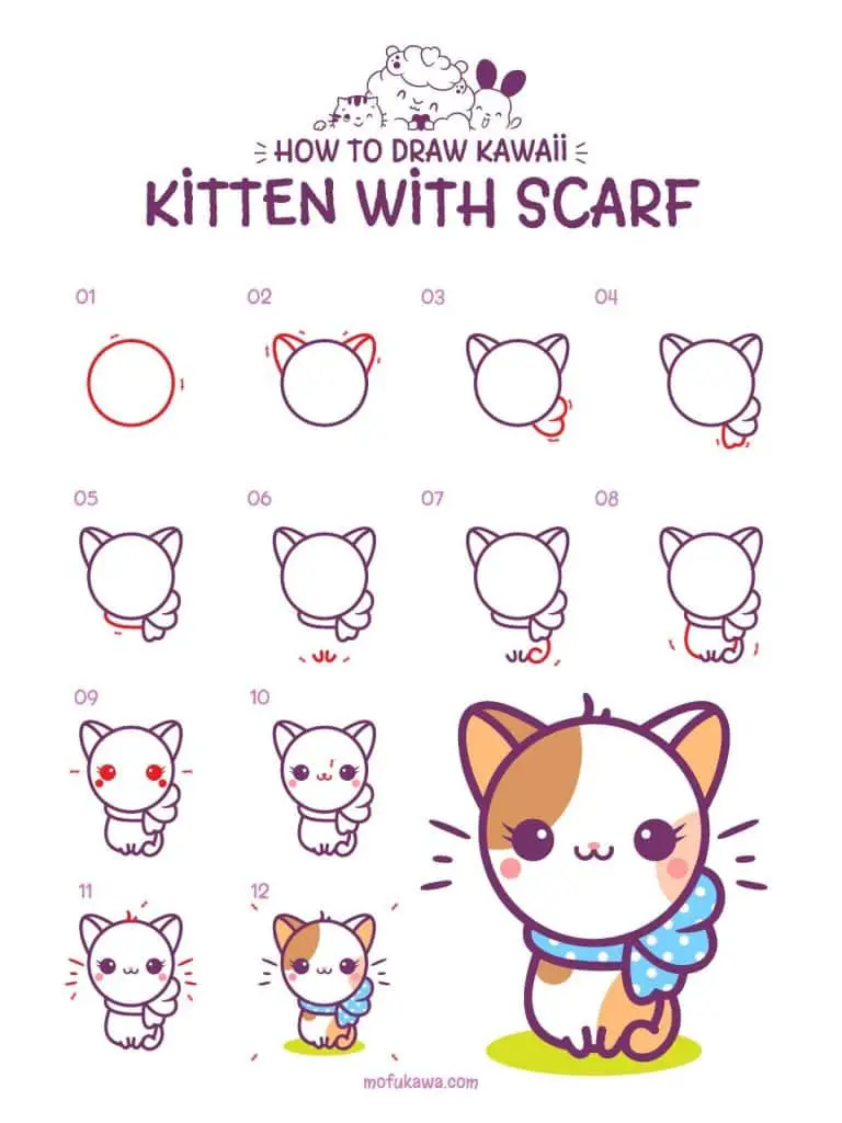 How To Draw Kawaii Cat With Scarf Step By Step