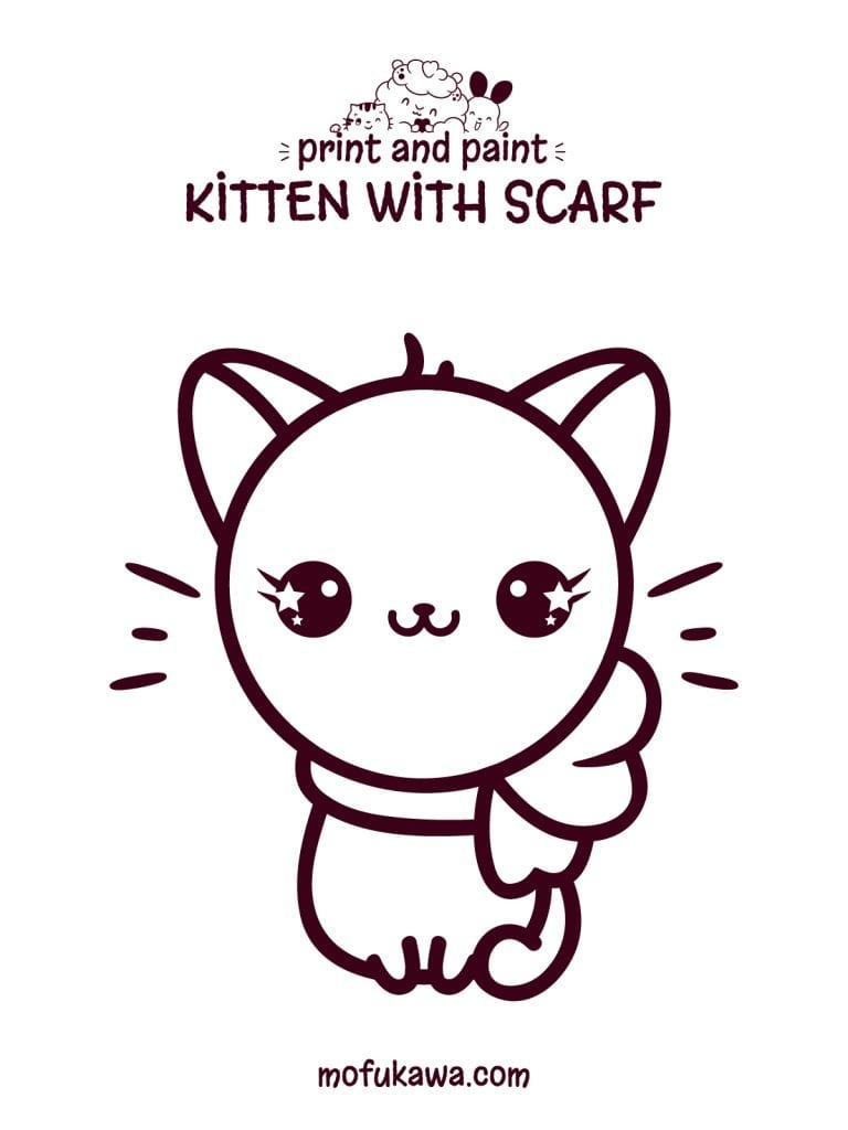 Kawaii Cat With Scarf Coloring Page