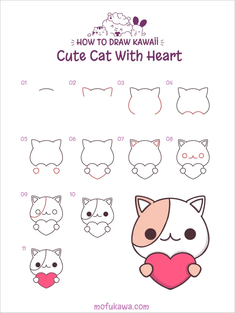 How To Draw Cute Cat With Heart - Step by Step