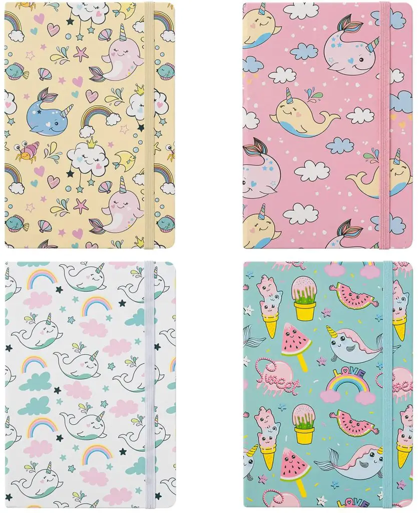 Four-Piece Kawaii Narwhal Printed Hardcover Notebooks
